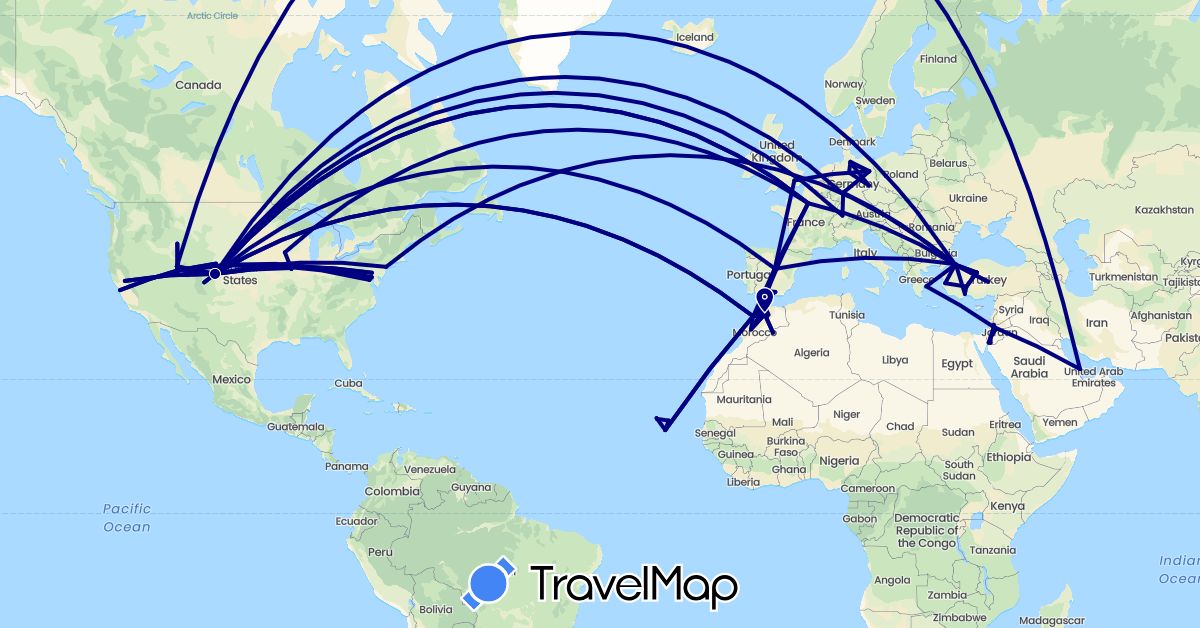 TravelMap itinerary: driving in Switzerland, Cape Verde, Germany, Spain, France, United Kingdom, Greece, Jordan, Morocco, Qatar, Turkey, United States (Africa, Asia, Europe, North America)